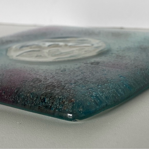 Fused Art Glass Wall Hanging Cherub Cupid Angel Plaque Blue Green 5.25” Square - Picture 4 of 16